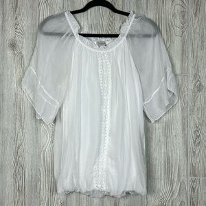 Bellambra Silk Short Flutter Sleeve Floral Embroidered Peasant Blouse Top M